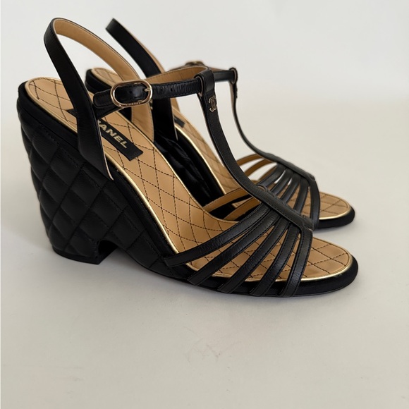 CHANEL Shoes - CHANEL Black Quilted Leather T-Strap Wedge Sandals